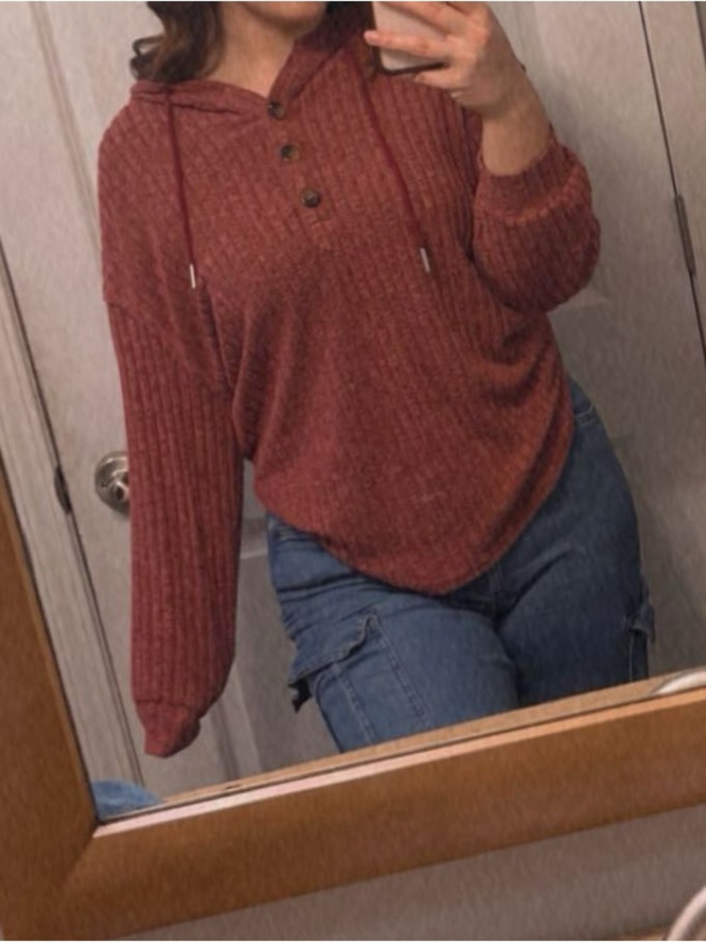 SHEIN Rust Ribbed Henley Hoodie Sweater